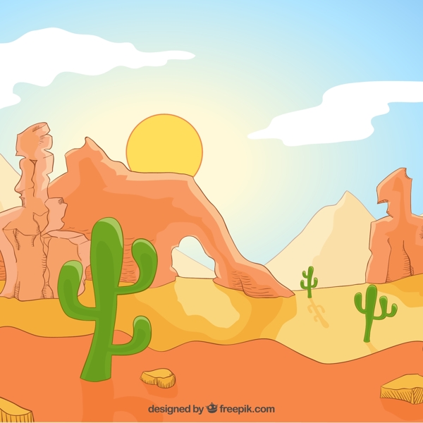 彩绘沙漠戈壁和仙人掌风景