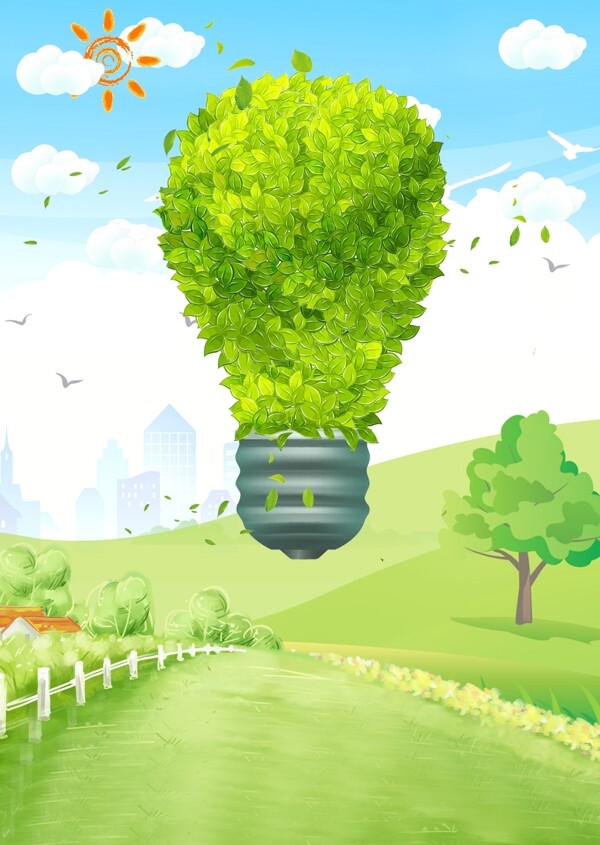 手绘灯泡环保植树节绿色海报