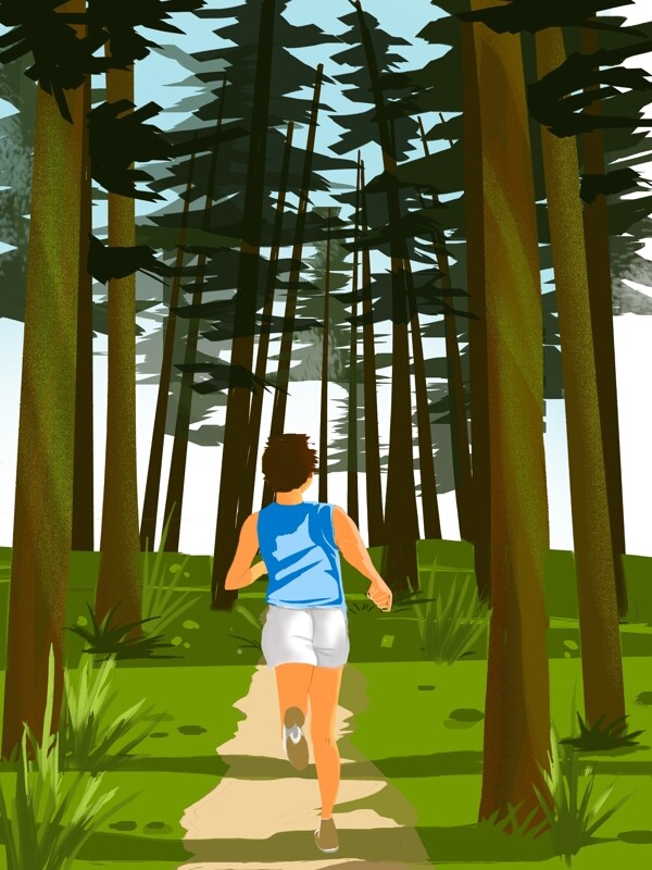 清晨森林中漫跑的人运动插画