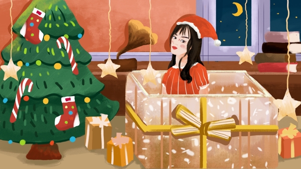 圣诞节装在礼物盒里的女孩原创插画