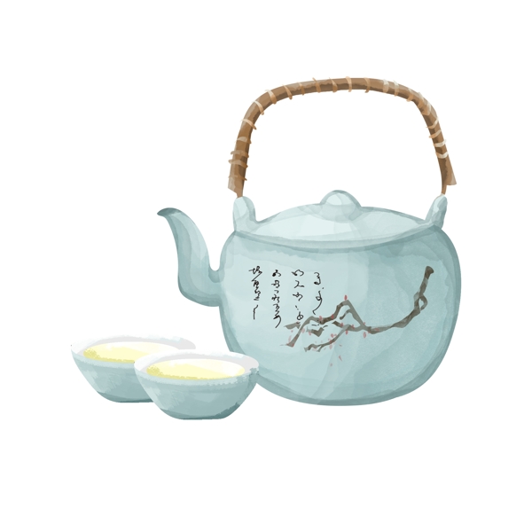 水彩手绘古风唯美茶壶茶道元素免抠图