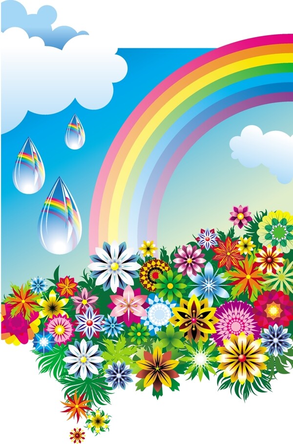 美丽花丛与彩虹矢量素材