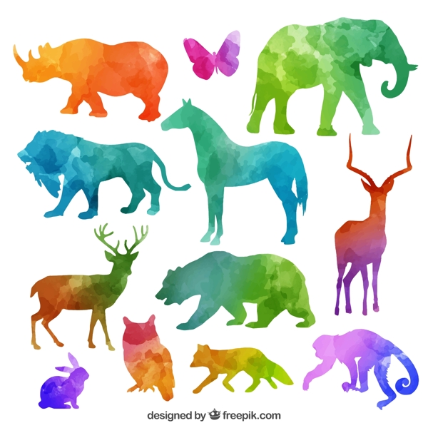 12款水彩色野生动物剪影矢量素材