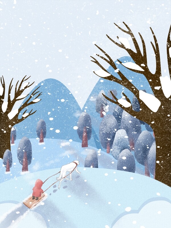 大寒节气手绘枯树下滑雪的小孩背景素材