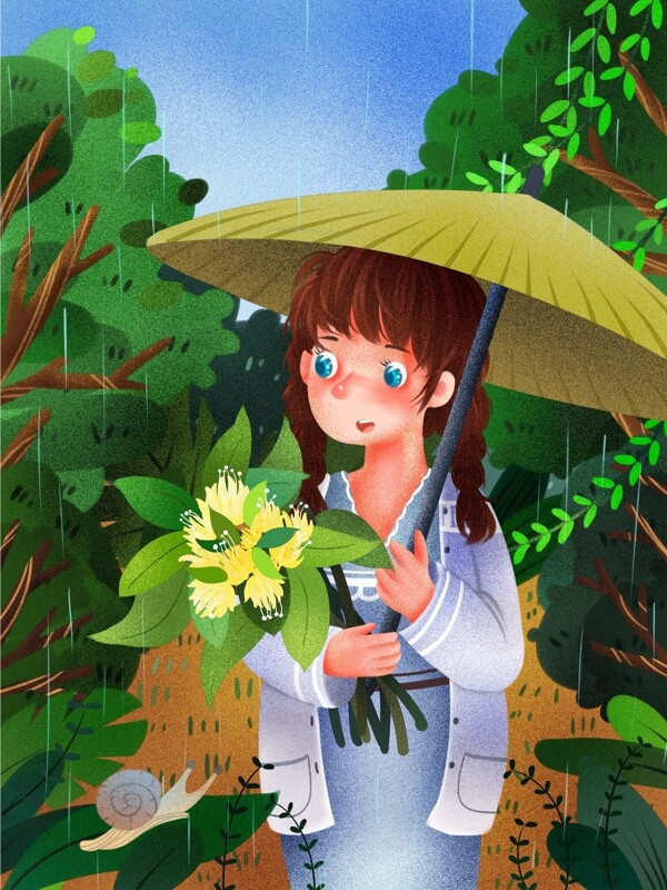清明时节雨纷纷抱着菊花的女孩清新原创插画