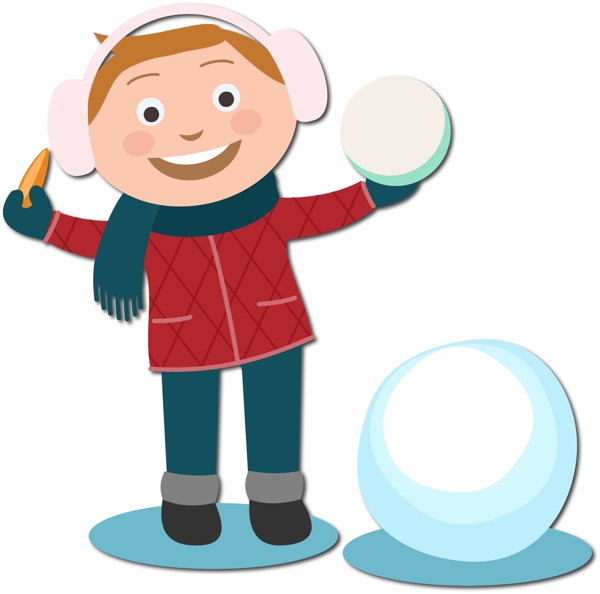 手绘扁平男孩带着耳机玩雪球原创元素