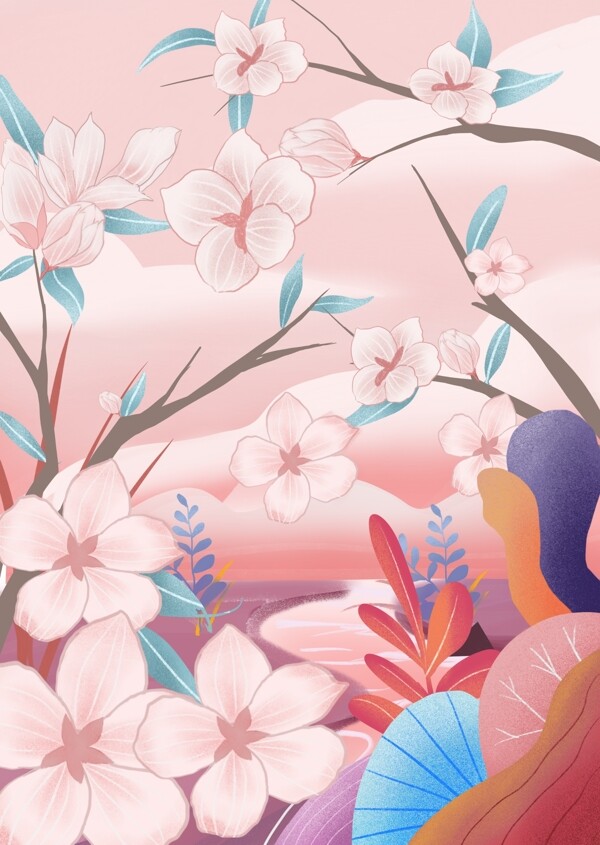 粉色唯美樱花树插画背景