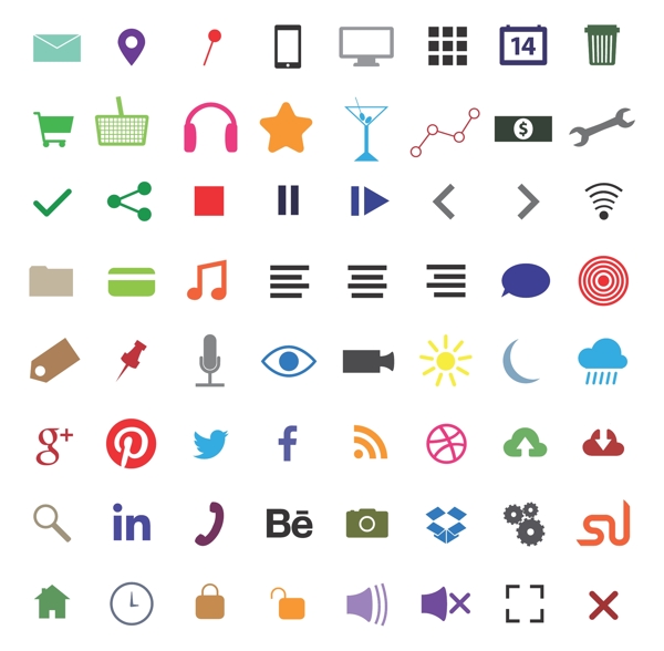 彩色网页UI商务社交多媒体icon图标