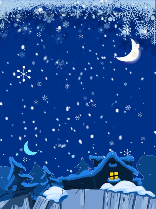 圣诞夜晚房屋雪花蓝色背景图