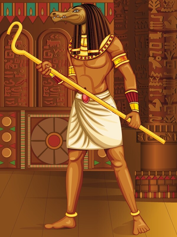 站在宫殿中拿着武器的古埃及野兽