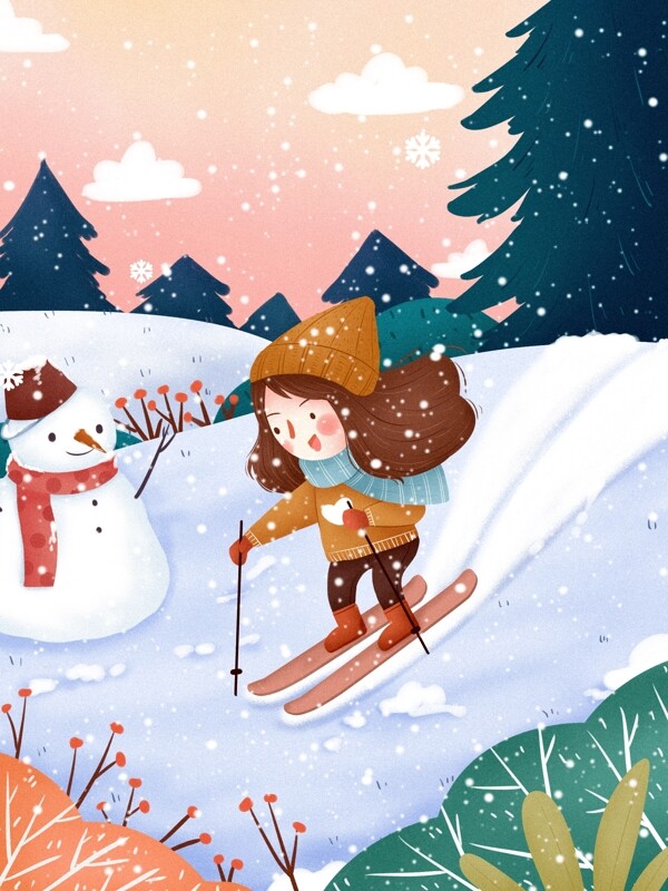 小女孩滑雪场景卡通插画