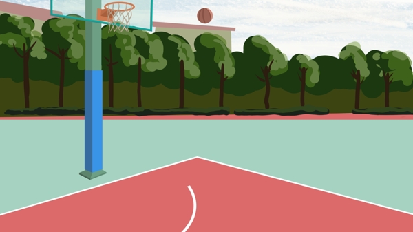 彩绘校园风篮球场背景素材