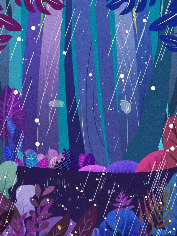 雨季梦幻蓝色植物插画背景