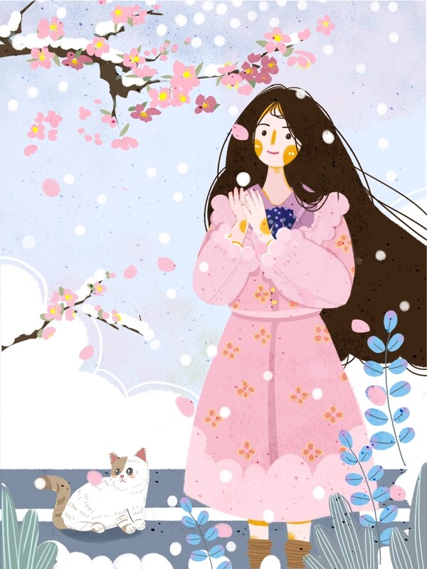 扁平风手绘唯美冬景雪中的女孩插画