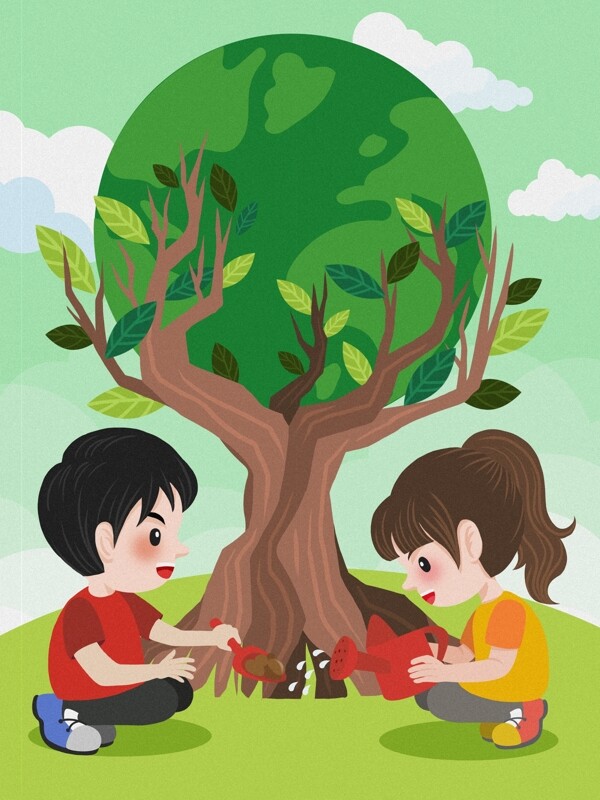 卡通保护生态环境植树插画