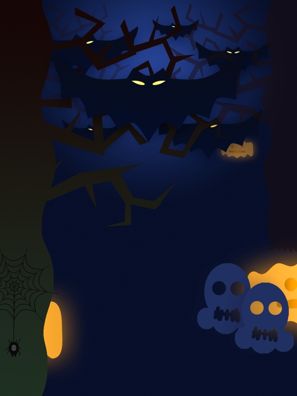 万圣节树南瓜骷髅蝙蝠蓝色渐变背景