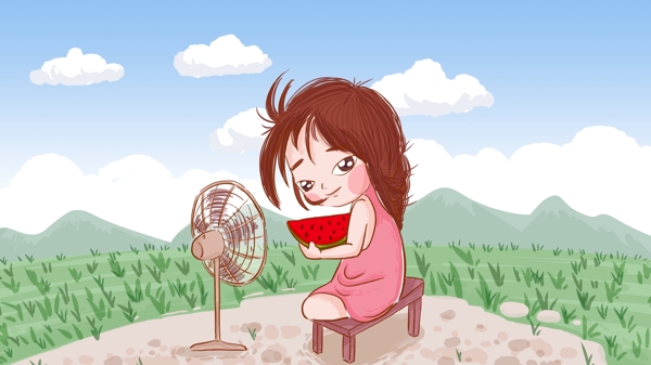 夏天吹风扇吃西瓜原创手绘插图