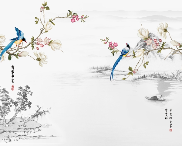 新中式手绘玉兰花鸟电视背景墙