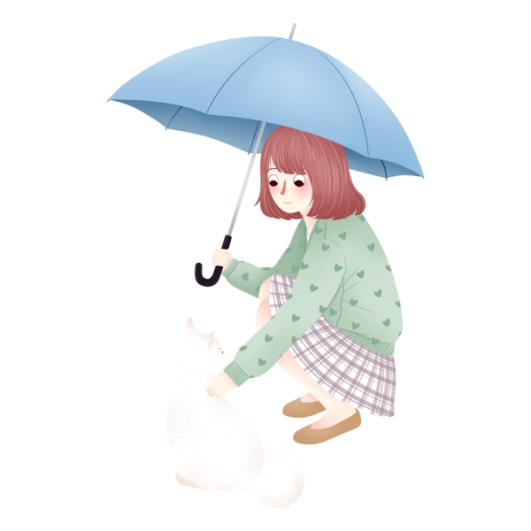 手绘可爱打伞女孩和猫png素材