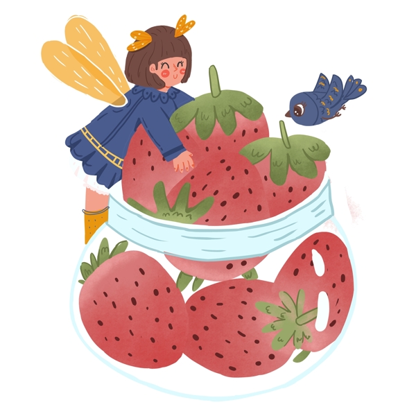 吃草莓的女孩插画人物素材