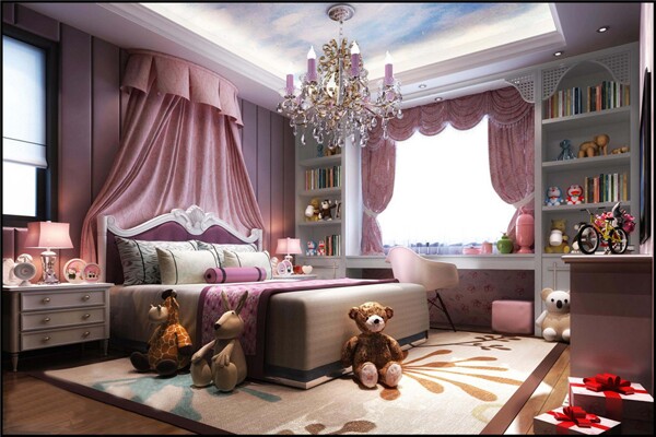 欧式时尚粉色卧室大床窗户设计图
