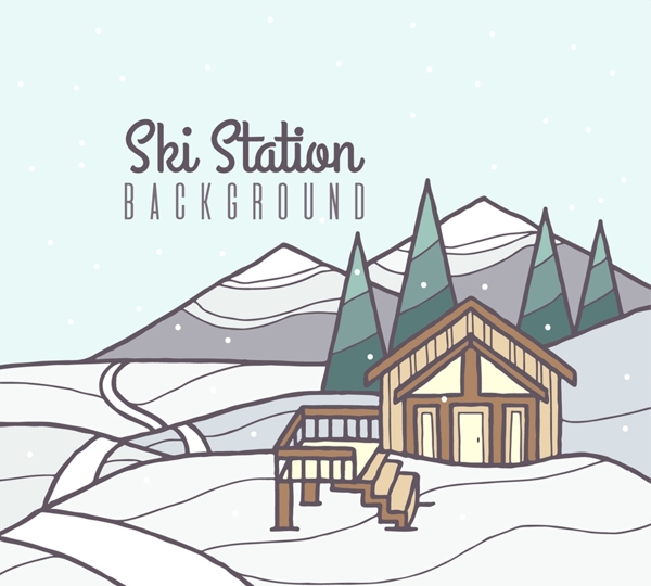 创意雪山上的滑雪木屋