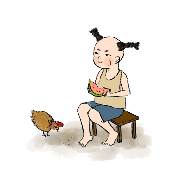 夏季孩童吃西瓜水墨画