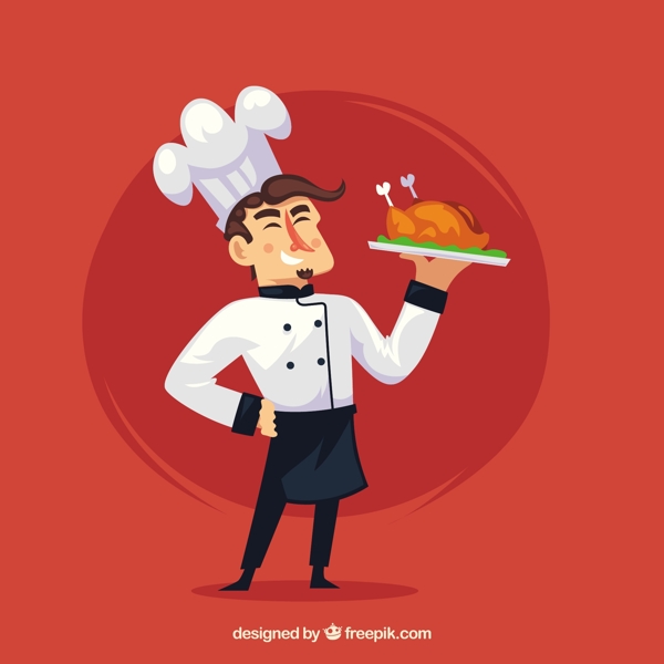 快乐的厨师端着熟了的鸡插图红色背景