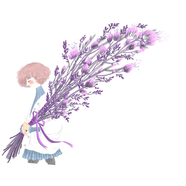 小清新治愈系抱着鲜花的少女插画元素