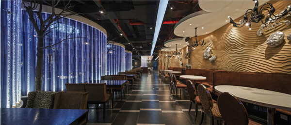 现代时尚感餐厅金色背景墙工装装修效果图