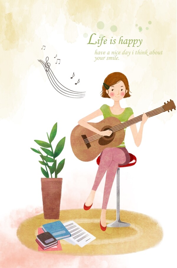 花盆旁弹吉他的美女