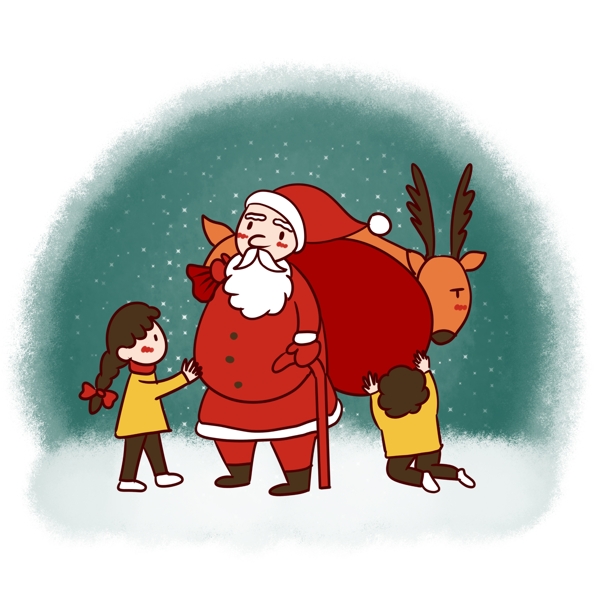 手绘卡通可爱圣诞节圣诞老人与麋鹿