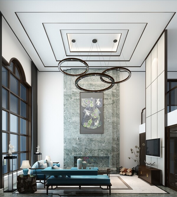 现代时尚客厅三环吊灯室内装修效果图