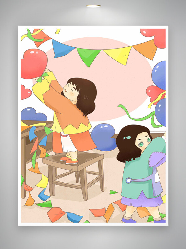 童年的欢乐小女孩们布置派对插画