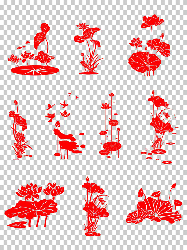 红色主题简约风格荷花荷叶剪影插画