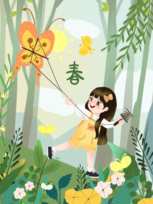 嫩绿色春天在山坡上放风筝的小女孩