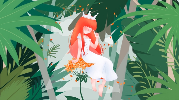 森林公主丛林中坐在花朵上的女孩治愈系