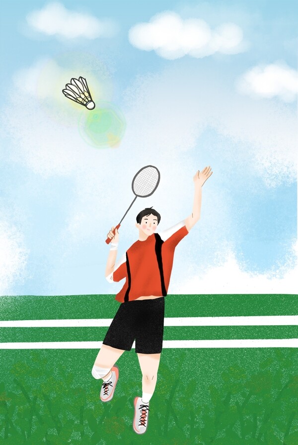 卡通简约羽毛球运动人物跳跃海报背景