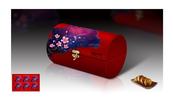 大红圆筒皮盒水墨梅花金属扣装饰包装盒设计