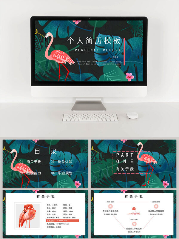 火烈鸟森系个人简历PPT模板