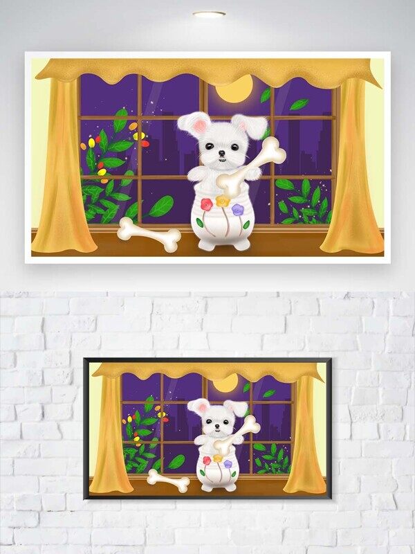 傍晚卡通白色小狗在窗前抱着骨头卖萌