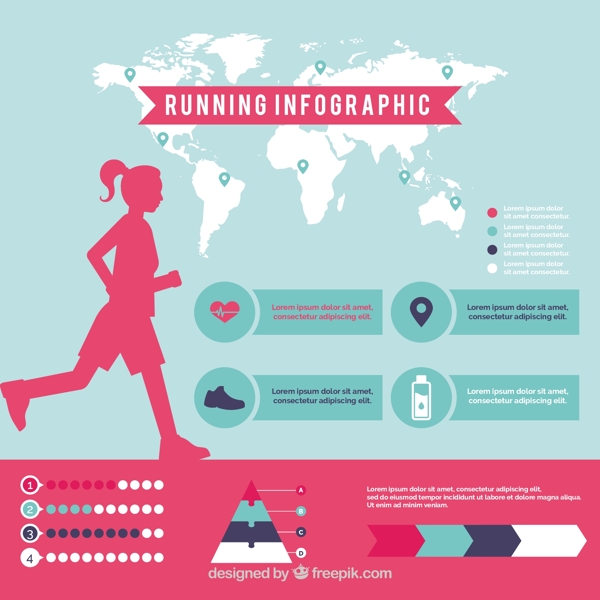 女孩跑步剪影信息图世界地图背景