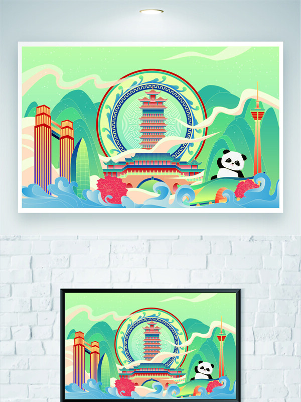国潮现代建筑成都山水意境熊猫插画