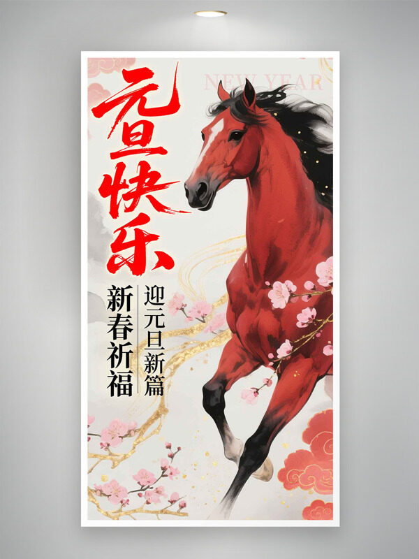 新春祈福元旦快乐骏马奔腾插画节日海报