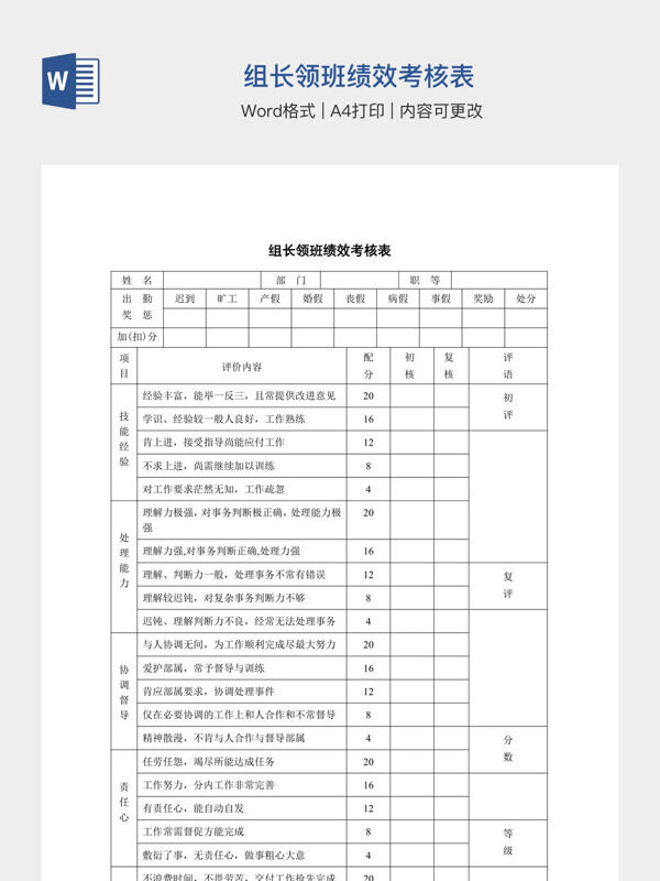 组长领班绩效考核表