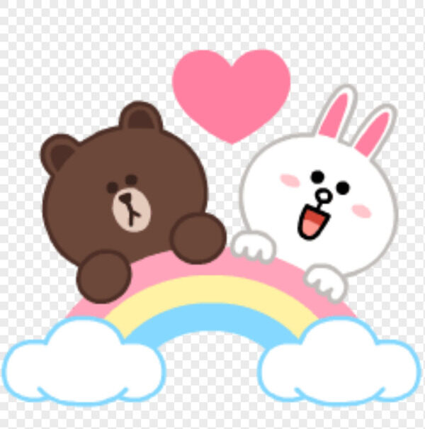 手绘卡通棕色小熊和开心白兔在彩虹上冒爱心