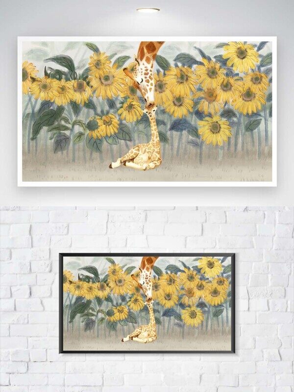 向日葵花海里小长颈鹿妈妈俯身亲吻宝宝卡通画