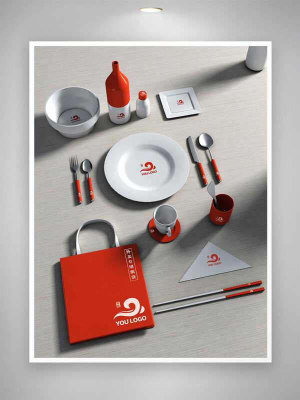 创意西餐品牌红色主题物料样机