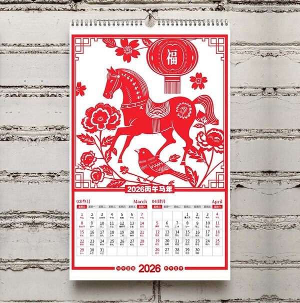 红色国风边框牡丹马年灯笼三月四月窗花背景台历