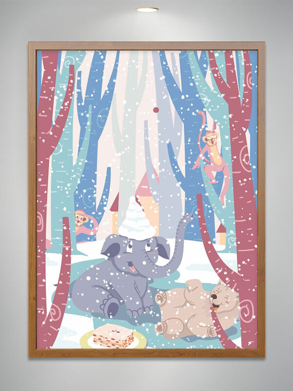 清新简约冬季森林可爱小象猴子小熊插画